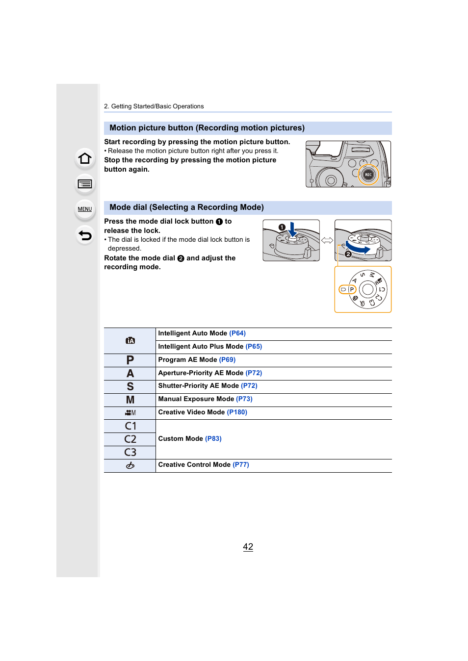 Motion picture button (recording motion pictures), Mode dial (selecting a recording mode), De dial | P42) | Panasonic Lumix GH5S Mirrorless Camera User Manual | Page 42 / 372