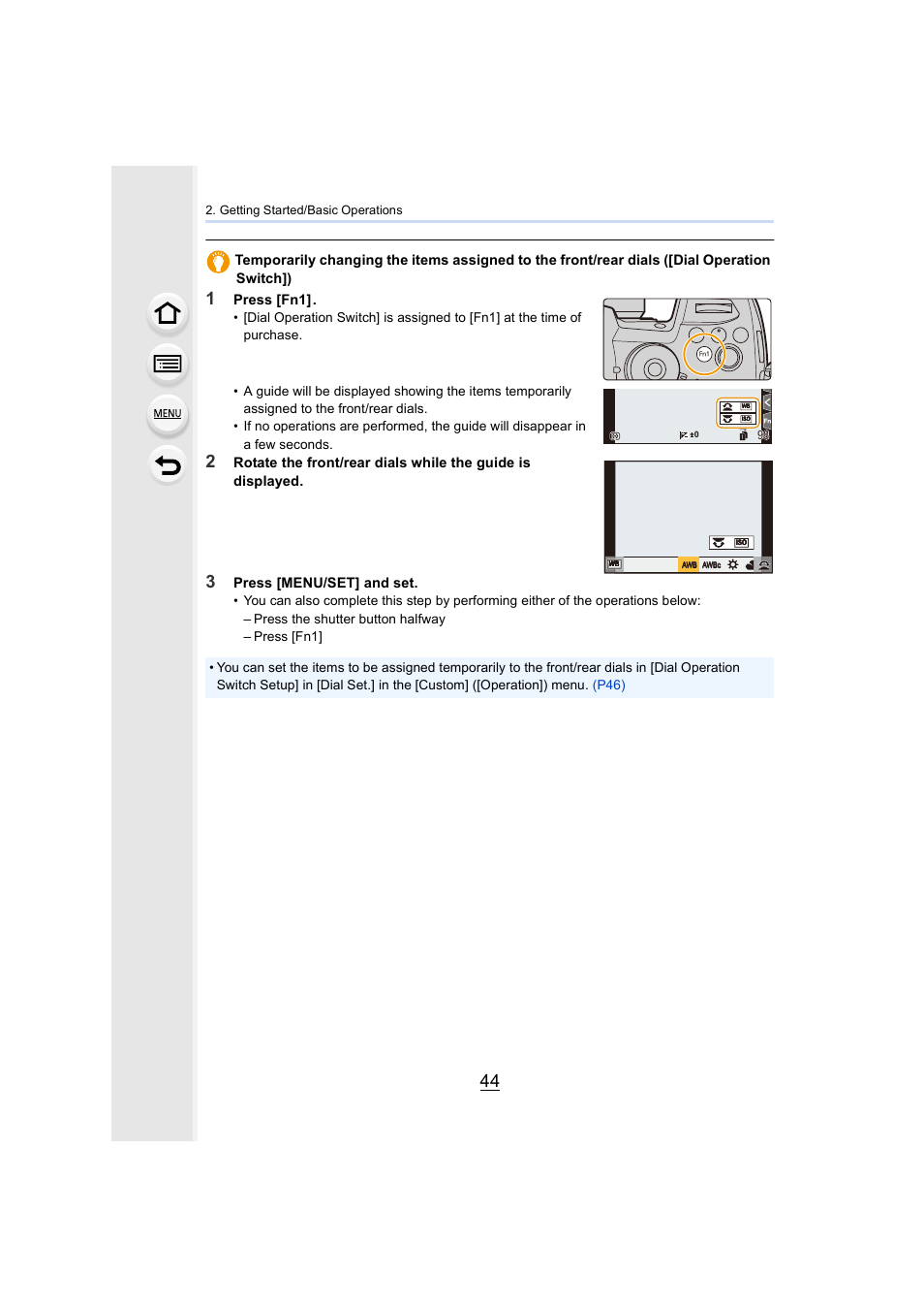 Press [fn1, Press [menu/set] and set | Panasonic Lumix GH5S Mirrorless Camera User Manual | Page 44 / 372