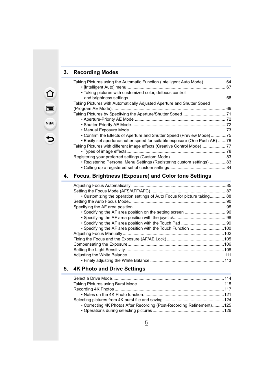 Recording modes, 4k photo and drive settings | Panasonic Lumix GH5S Mirrorless Camera User Manual | Page 5 / 372