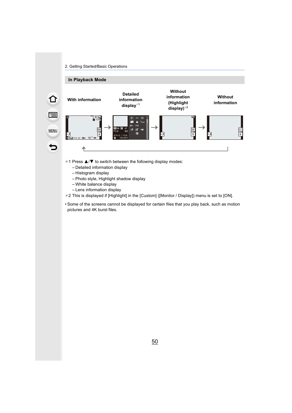 With information detailed information display, Without information (highlight display), Without information | Getting started/basic operations | Panasonic Lumix GH5S Mirrorless Camera User Manual | Page 50 / 372