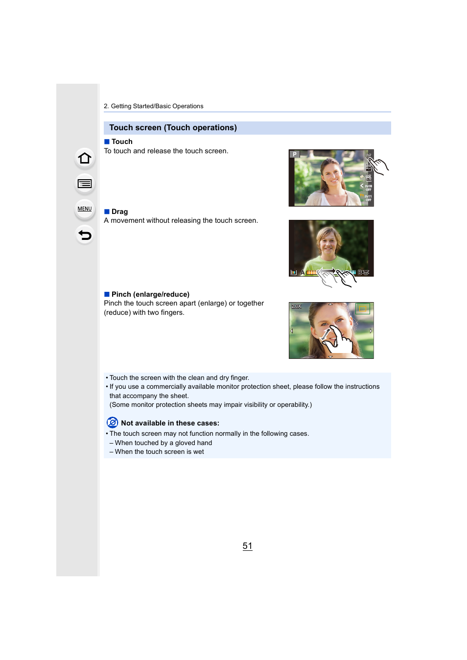 Touch screen (touch operations), Uch screen, P51) | Not available in these cases, Getting started/basic operations, Ab b b | Panasonic Lumix GH5S Mirrorless Camera User Manual | Page 51 / 372