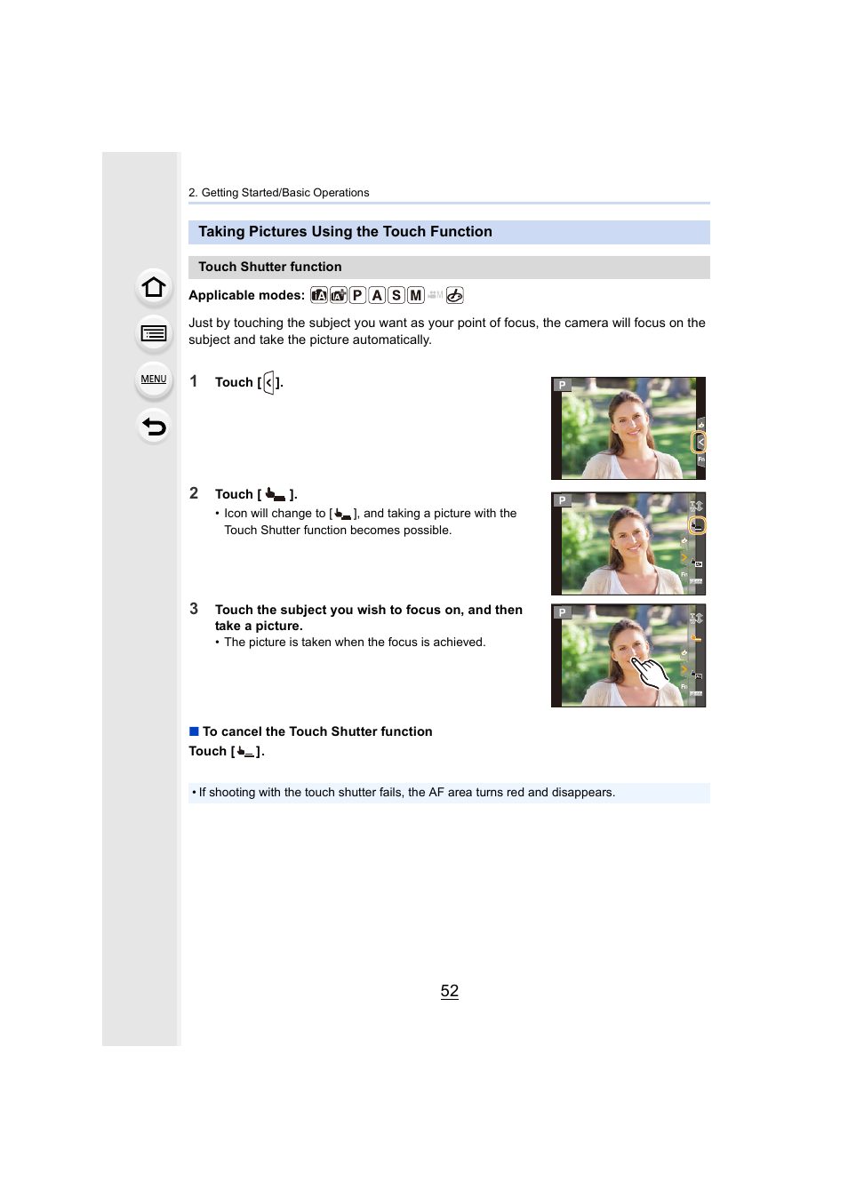 Taking pictures using the touch function | Panasonic Lumix GH5S Mirrorless Camera User Manual | Page 52 / 372