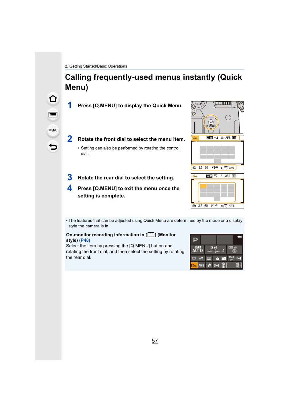 Menu] button, P57), Fn2] button | Press [q.menu] to display the quick menu, Rotate the front dial to select the menu item, Rotate the rear dial to select the setting, Auto | Panasonic Lumix GH5S Mirrorless Camera User Manual | Page 57 / 372