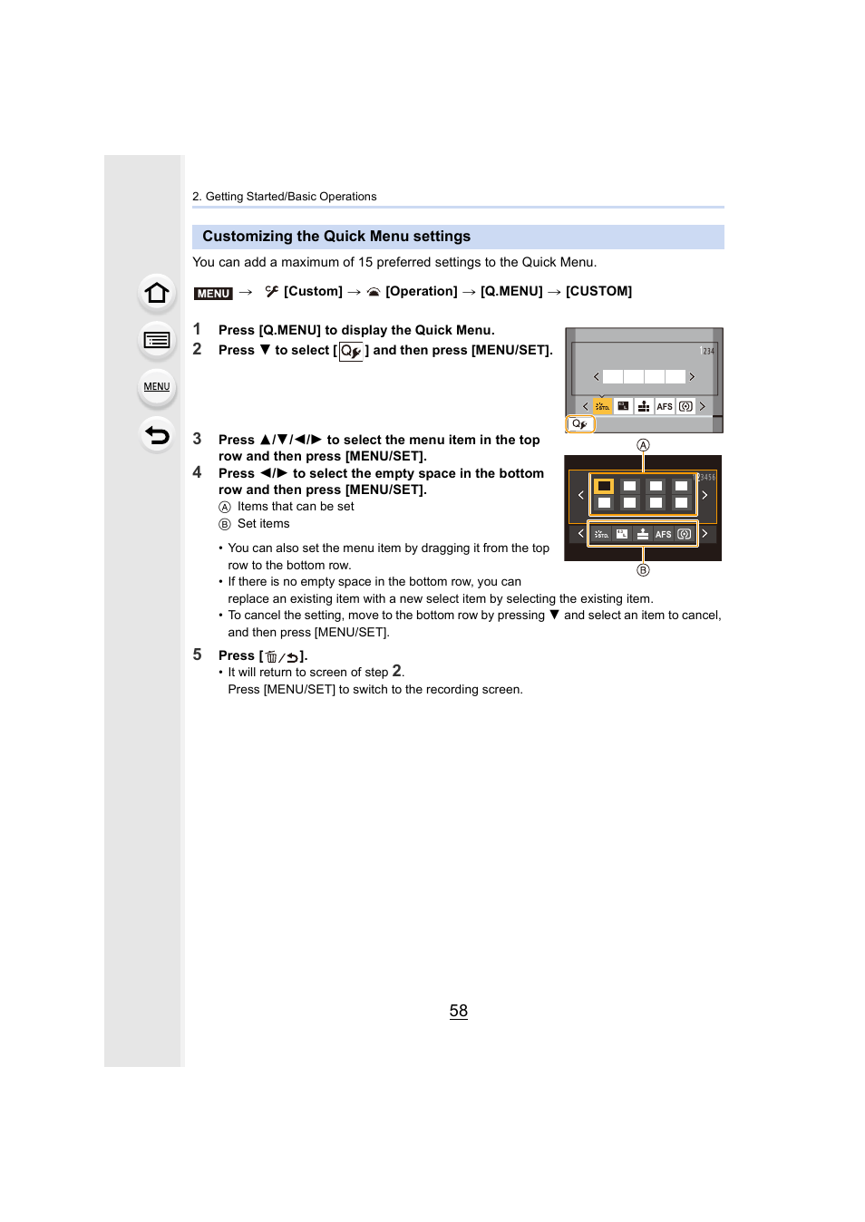 Customizing the quick menu settings | Panasonic Lumix GH5S Mirrorless Camera User Manual | Page 58 / 372