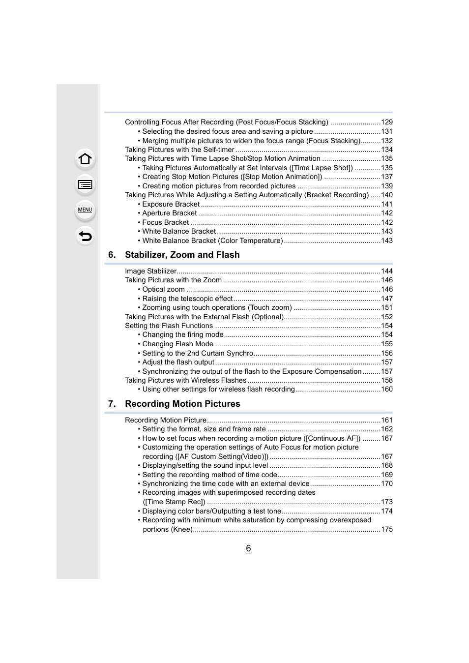 Stabilizer, zoom and flash, Recording motion pictures | Panasonic Lumix GH5S Mirrorless Camera User Manual | Page 6 / 372