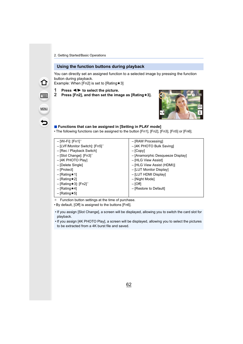 Using the function buttons during playback | Panasonic Lumix GH5S Mirrorless Camera User Manual | Page 62 / 372