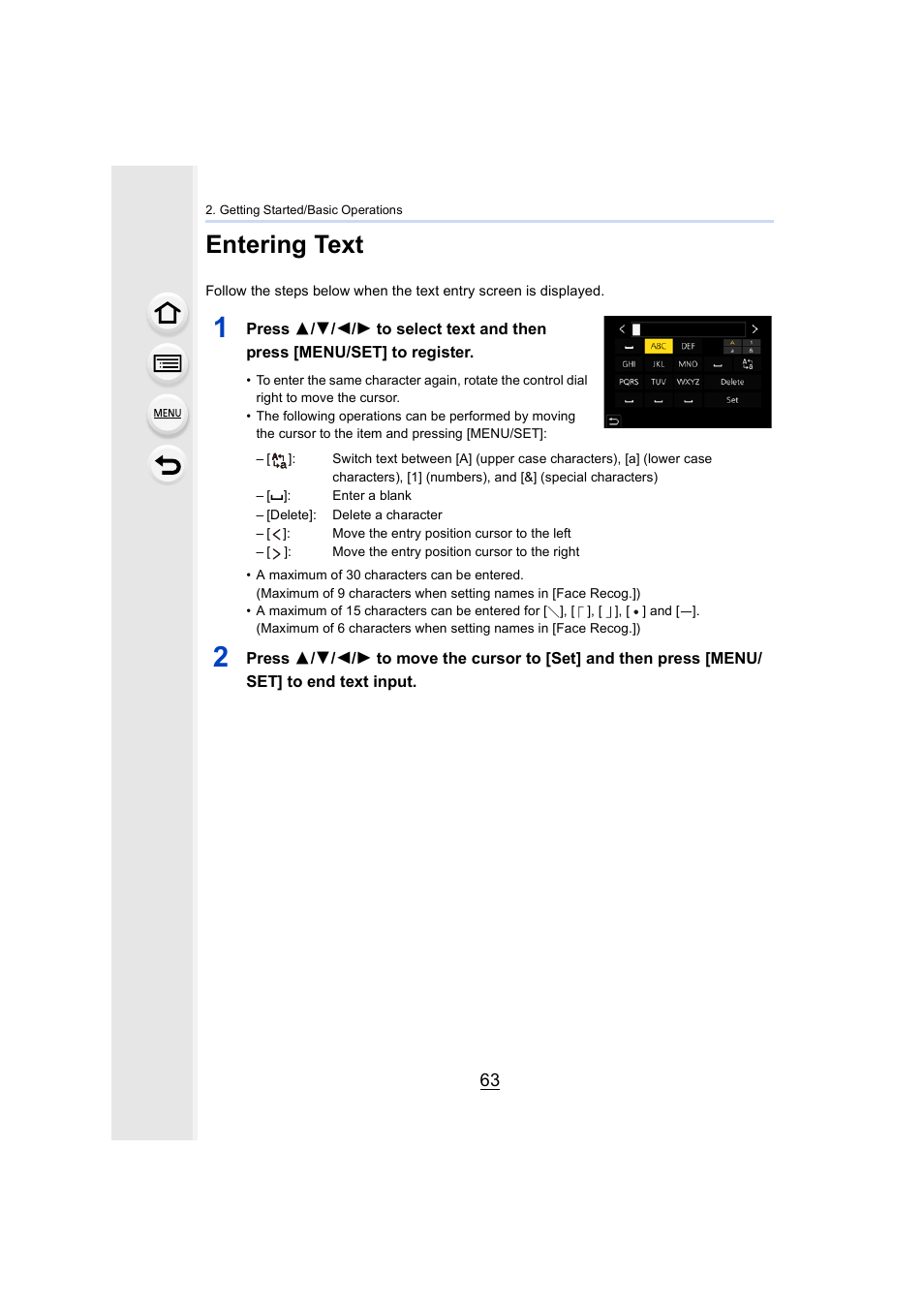 Entering text | Panasonic Lumix GH5S Mirrorless Camera User Manual | Page 63 / 372