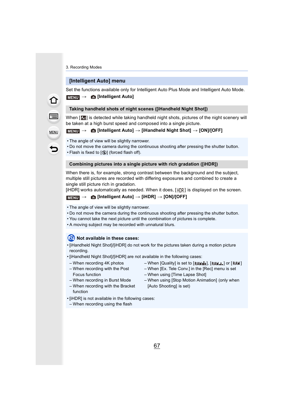 Intelligent auto] menu, Auto, P67) | Panasonic Lumix GH5S Mirrorless Camera User Manual | Page 67 / 372