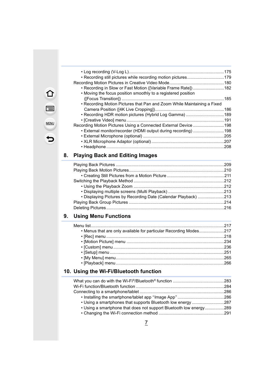 Playing back and editing images, Using menu functions, Using the wi-fi/bluetooth function | Panasonic Lumix GH5S Mirrorless Camera User Manual | Page 7 / 372