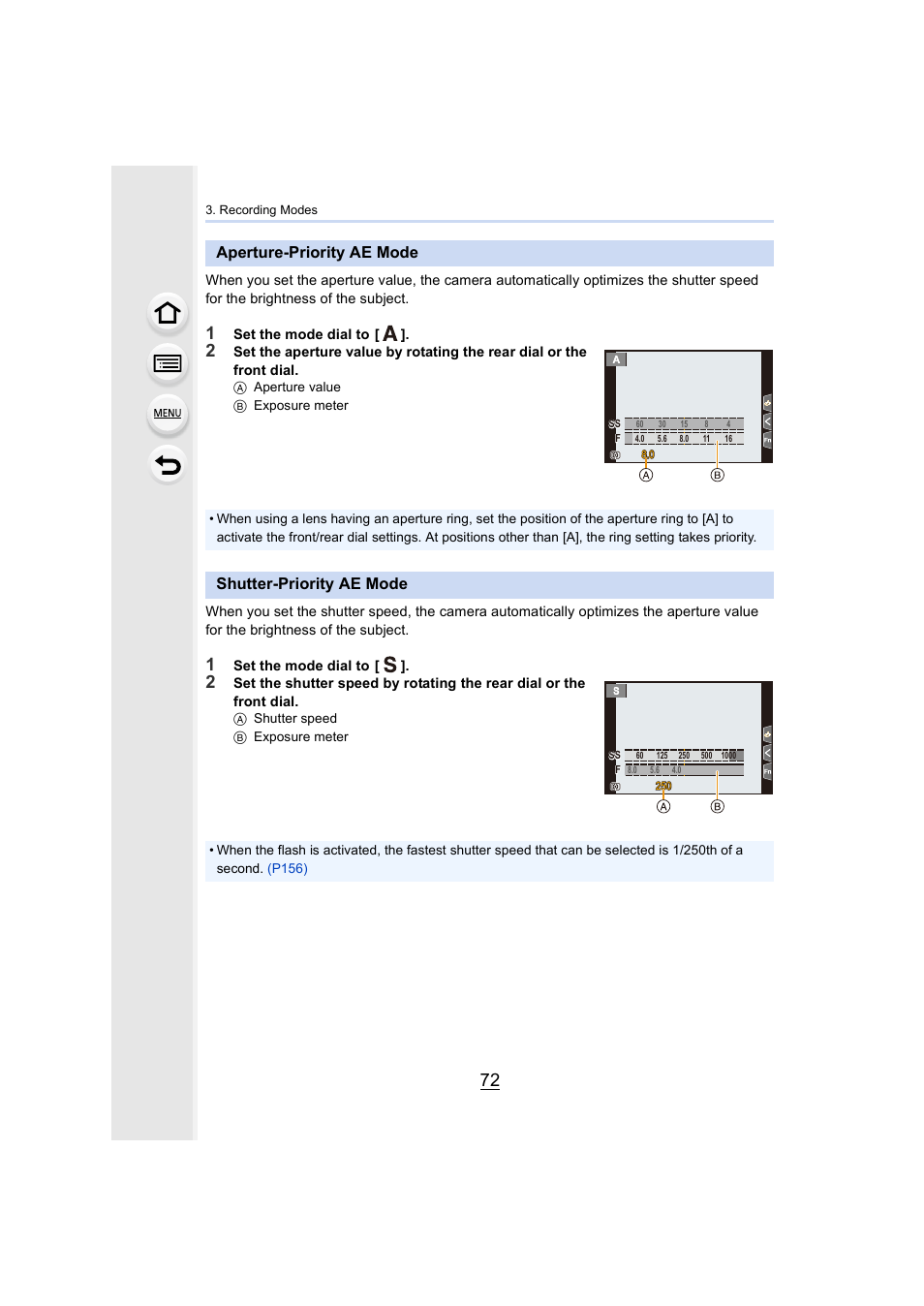 Aperture-priority ae mode, Shutter-priority ae mode, P72) | Panasonic Lumix GH5S Mirrorless Camera User Manual | Page 72 / 372