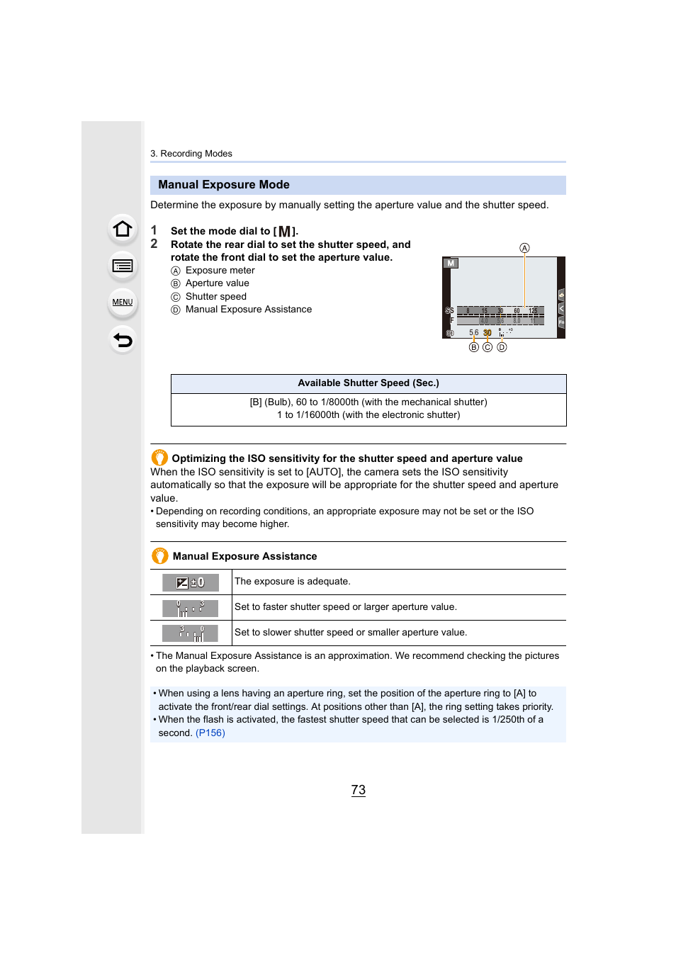 Manual exposure mode, P73) | Panasonic Lumix GH5S Mirrorless Camera User Manual | Page 73 / 372