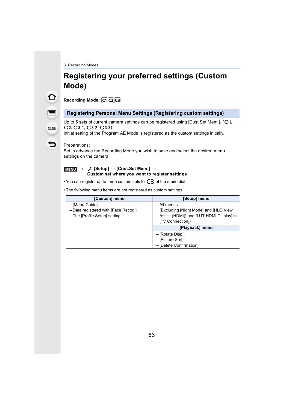 Registering your preferred settings (custom mode), P83) | Panasonic Lumix GH5S Mirrorless Camera User Manual | Page 83 / 372