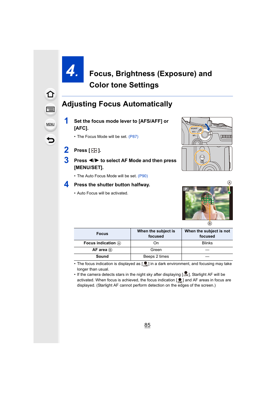 Adjusting focus automatically, Cus mode lever | Panasonic Lumix GH5S Mirrorless Camera User Manual | Page 85 / 372