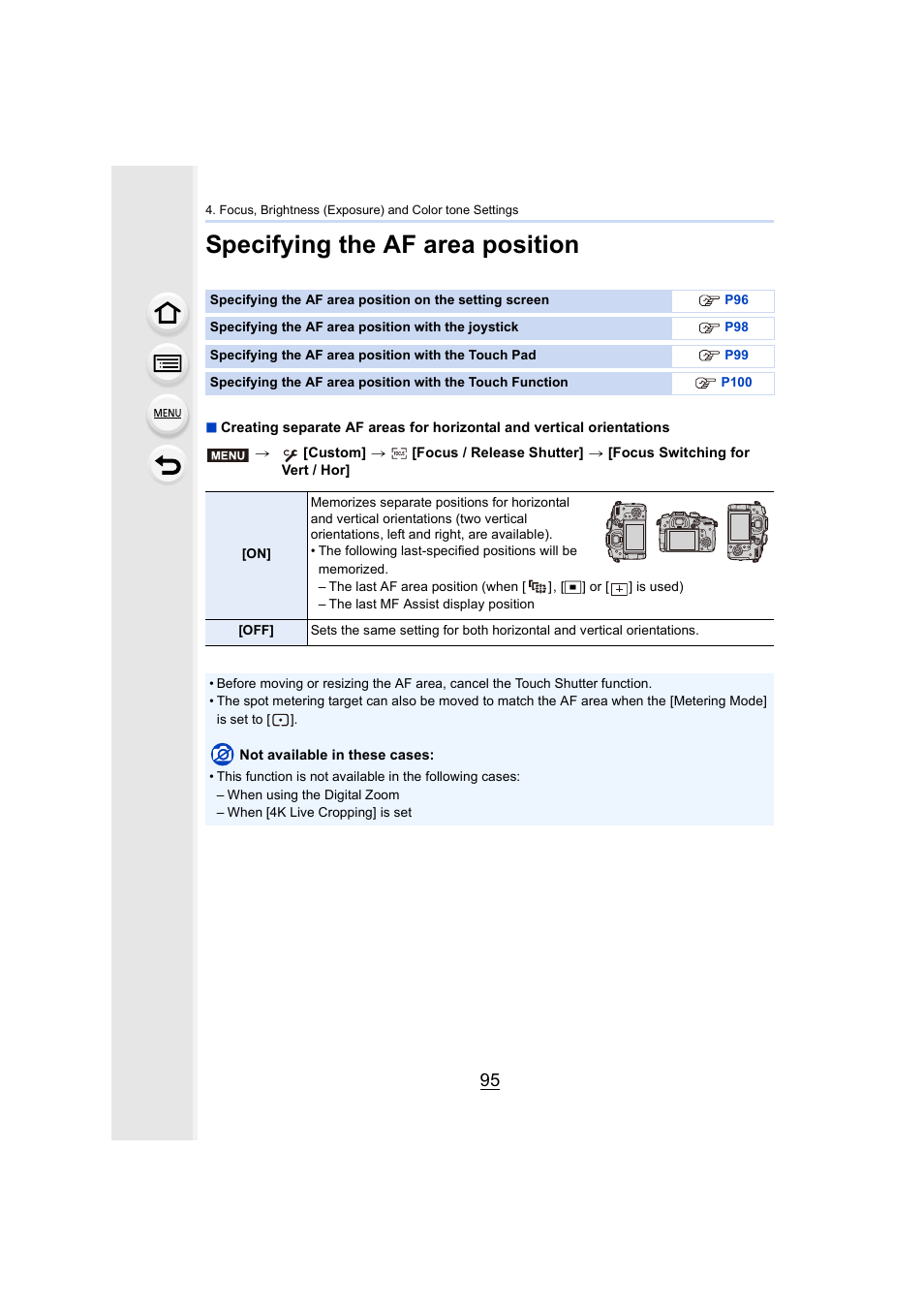Specifying the af area position | Panasonic Lumix GH5S Mirrorless Camera User Manual | Page 95 / 372