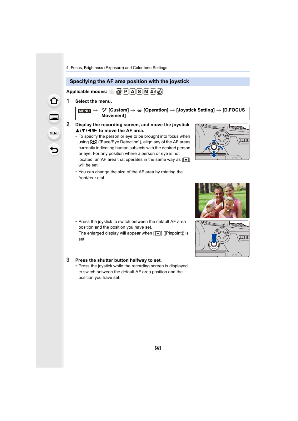 Specifying the af area position with the joystick | Panasonic Lumix GH5S Mirrorless Camera User Manual | Page 98 / 372