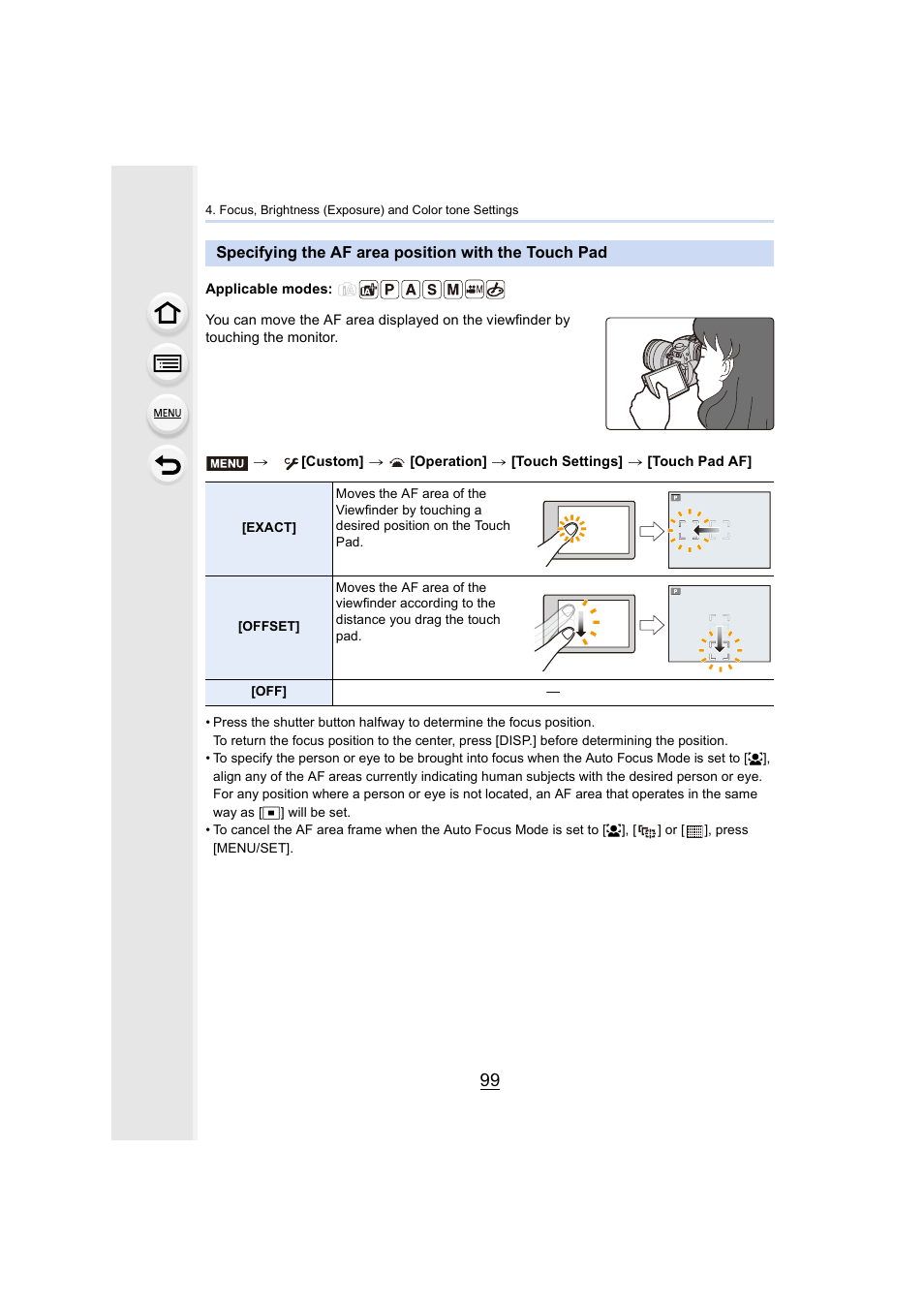 Specifying the af area position with the touch pad | Panasonic Lumix GH5S Mirrorless Camera User Manual | Page 99 / 372