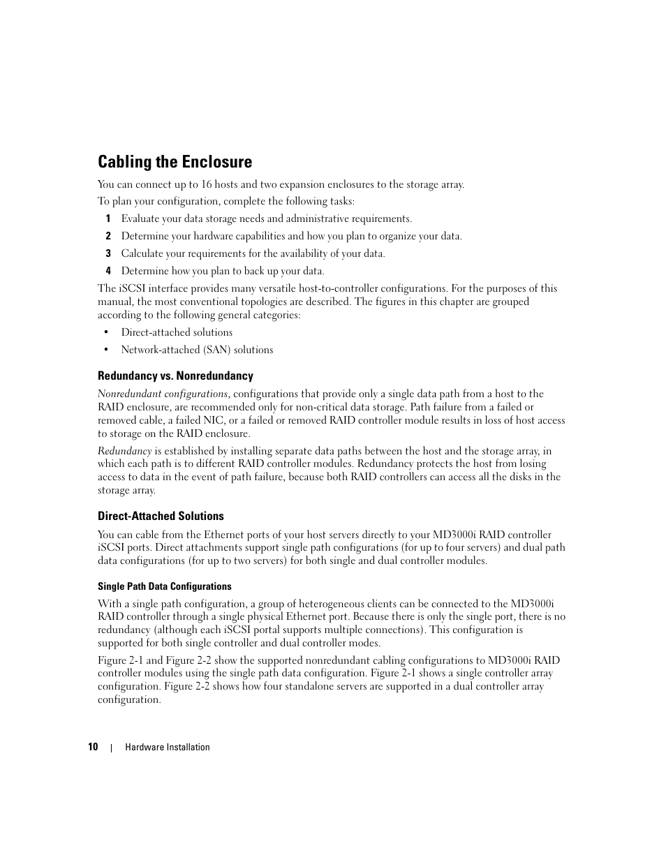 Cabling the enclosure, Redundancy vs. nonredundancy, Direct-attached solutions | Dell PowerVault 3000i User Manual | Page 10 / 68