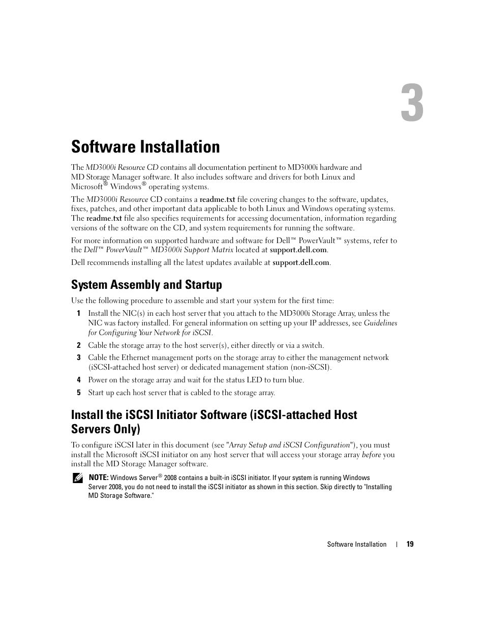 Software installation, System assembly and startup | Dell PowerVault 3000i User Manual | Page 19 / 68