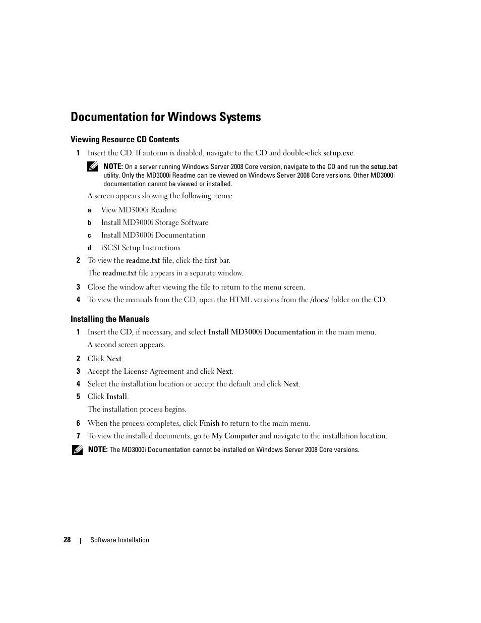 Documentation for windows systems, Viewing resource cd contents, Installing the manuals | Dell PowerVault 3000i User Manual | Page 28 / 68