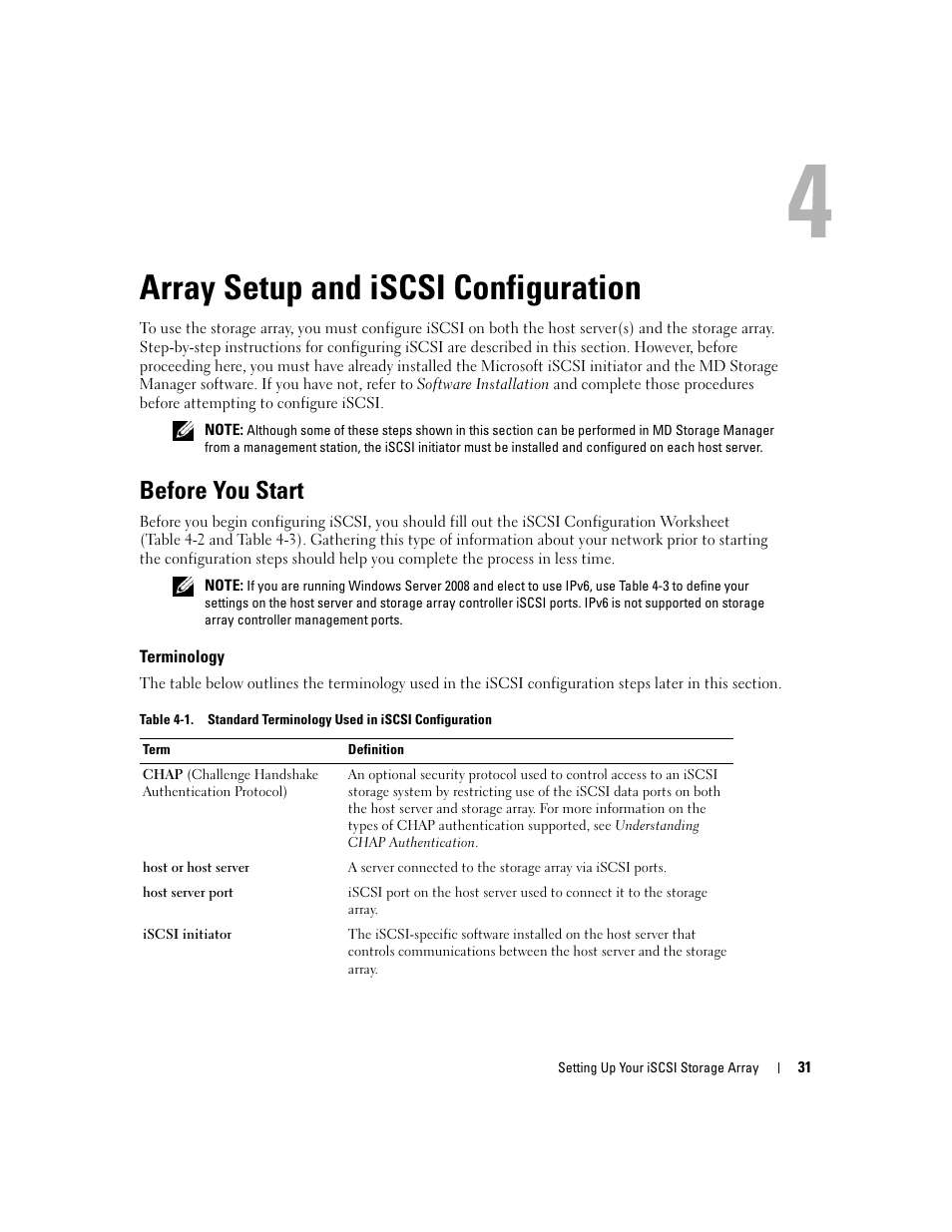 Array setup and iscsi configuration, Before you start, Terminology | Dell PowerVault 3000i User Manual | Page 31 / 68