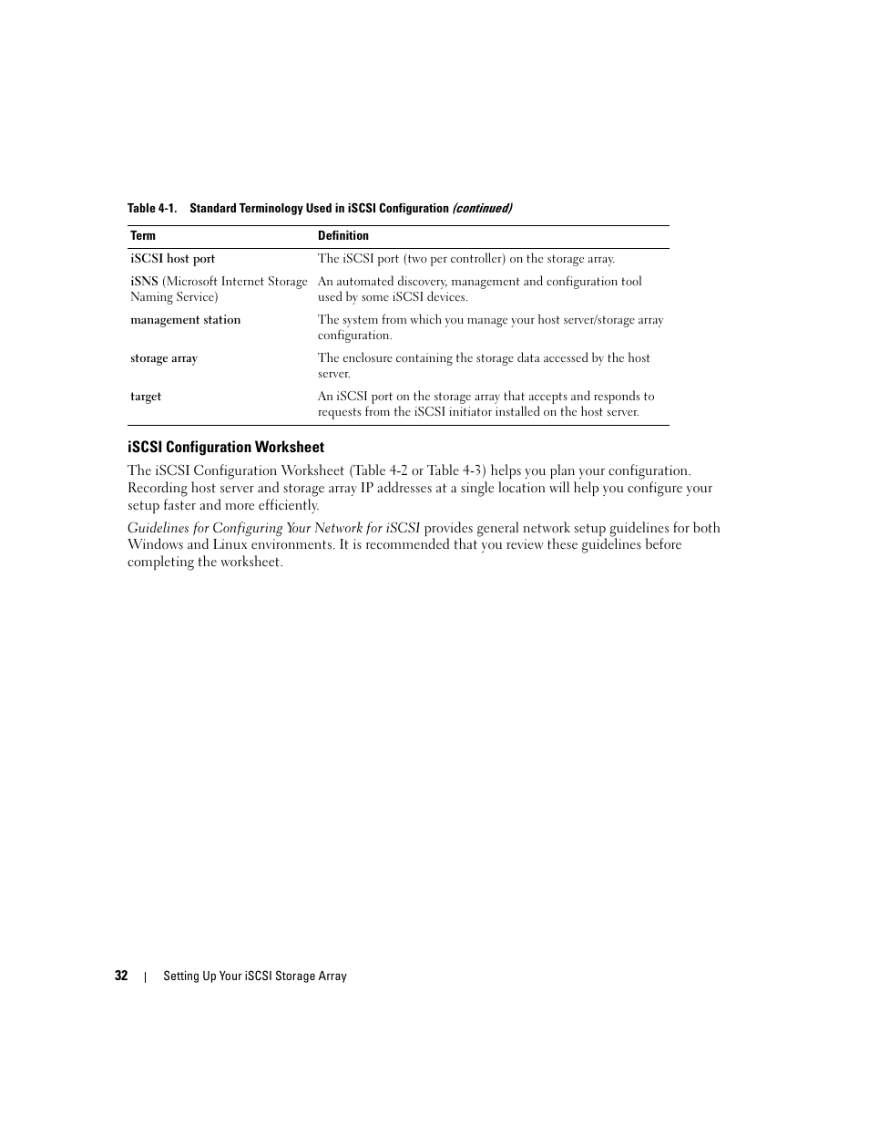 Iscsi configuration worksheet | Dell PowerVault 3000i User Manual | Page 32 / 68