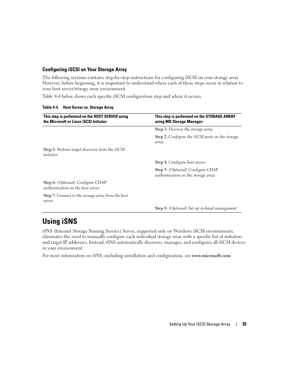 Configuring iscsi on your storage array, Using isns | Dell PowerVault 3000i User Manual | Page 35 / 68