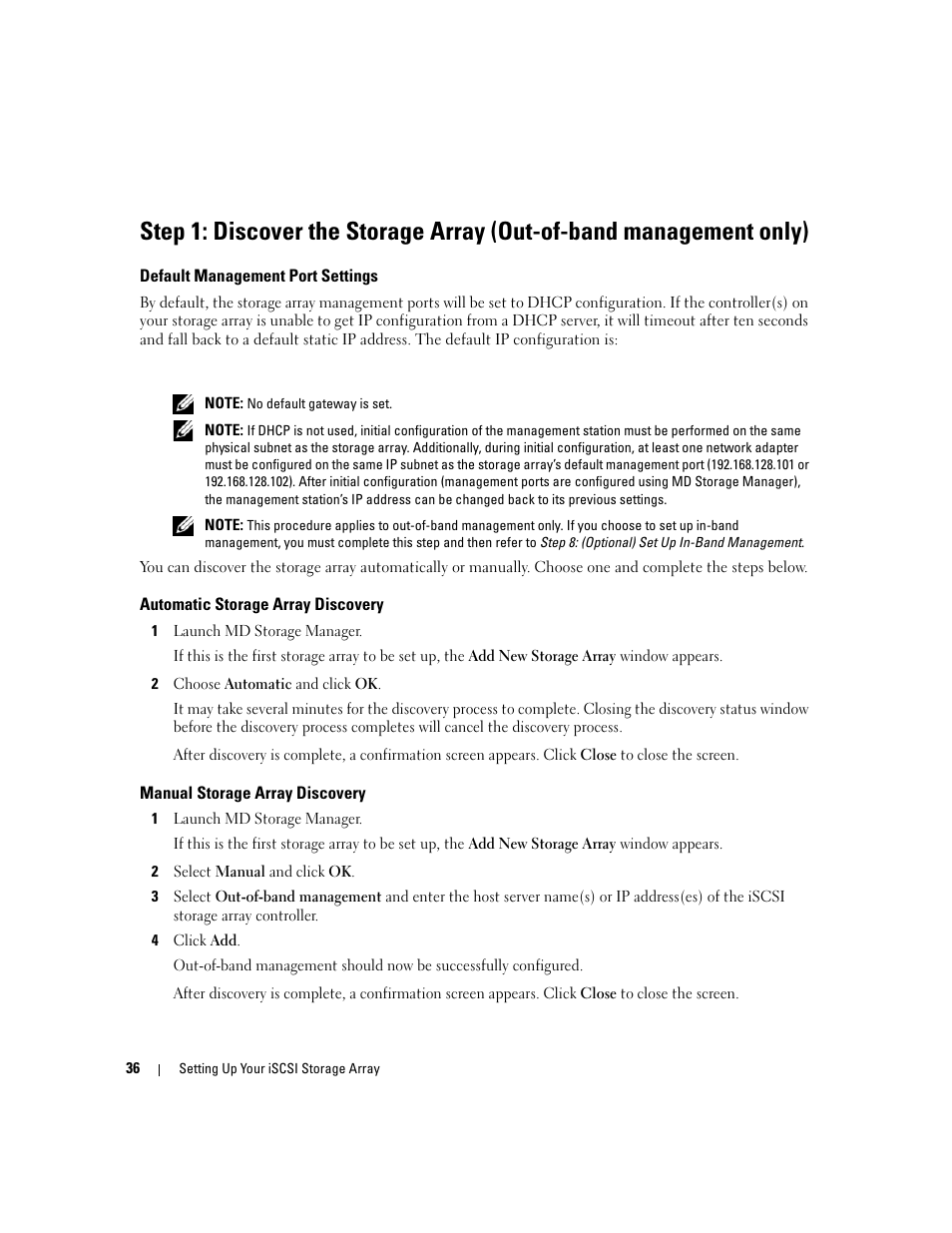 Default management port settings, Automatic storage array discovery, Manual storage array discovery | Dell PowerVault 3000i User Manual | Page 36 / 68