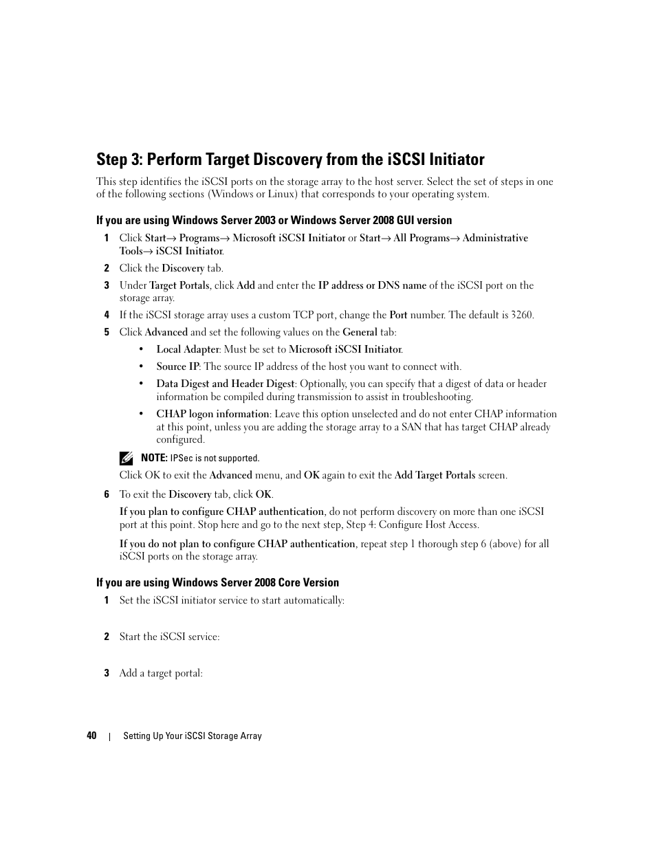 If you are using windows server 2008 core version | Dell PowerVault 3000i User Manual | Page 40 / 68