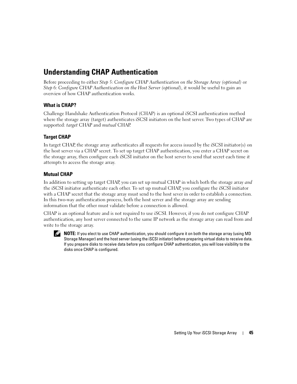 Understanding chap authentication, What is chap, Target chap | Mutual chap | Dell PowerVault 3000i User Manual | Page 45 / 68