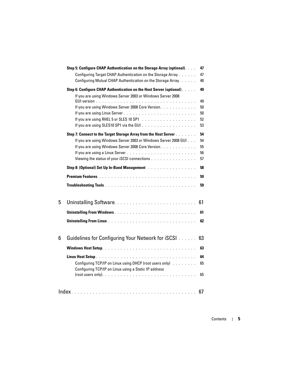 5uninstalling software, 6guidelines for configuring your network for iscsi, Index | Dell PowerVault 3000i User Manual | Page 5 / 68
