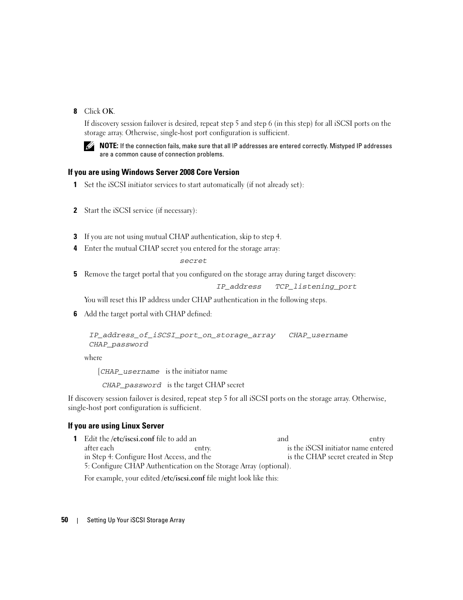 If you are using windows server 2008 core version, If you are using linux server | Dell PowerVault 3000i User Manual | Page 50 / 68