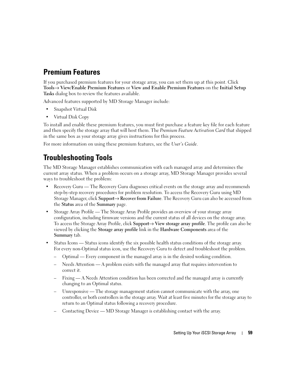 Premium features, Troubleshooting tools | Dell PowerVault 3000i User Manual | Page 59 / 68