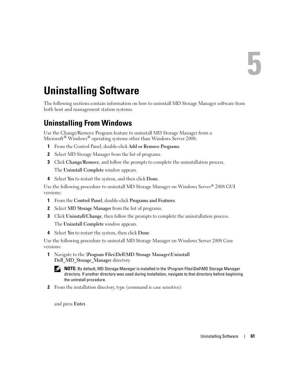 Uninstalling software, Uninstalling from windows | Dell PowerVault 3000i User Manual | Page 61 / 68