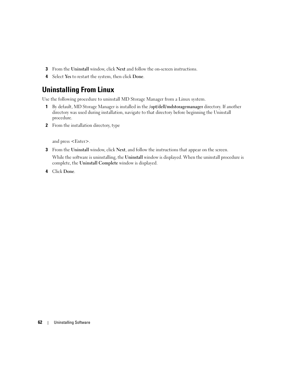 Uninstalling from linux | Dell PowerVault 3000i User Manual | Page 62 / 68