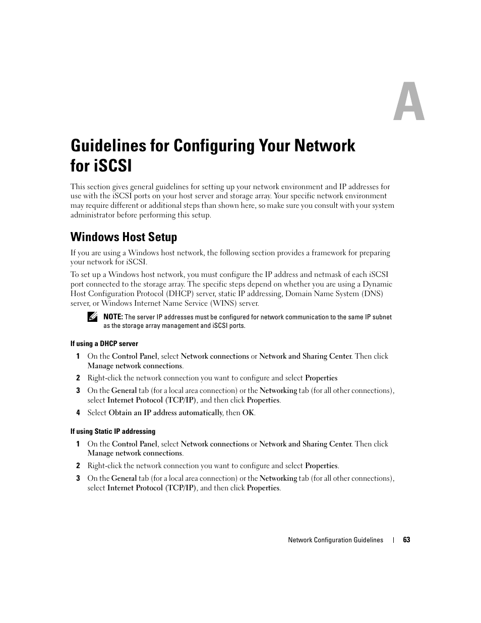 Guidelines for configuring your network for iscsi, Windows host setup | Dell PowerVault 3000i User Manual | Page 63 / 68