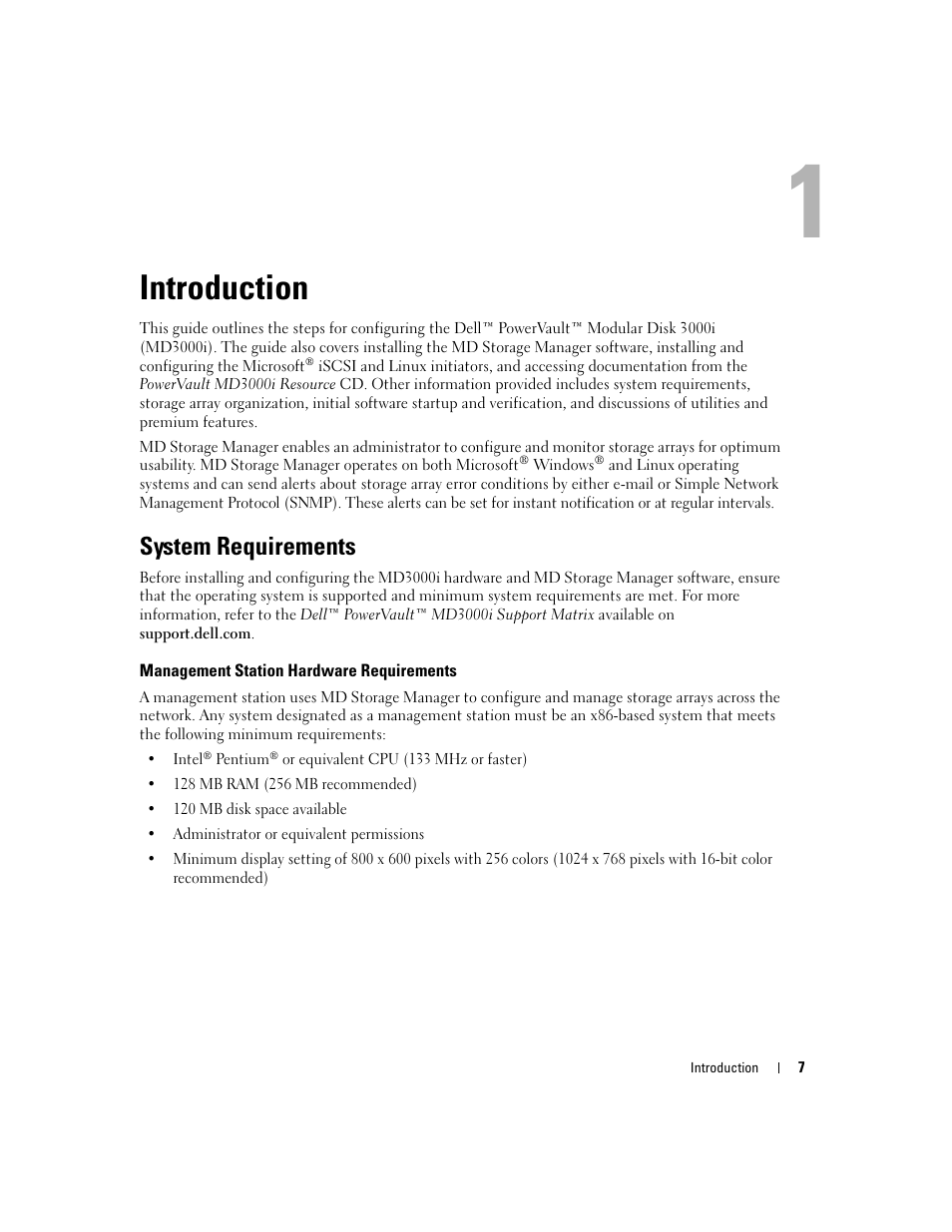 Introduction, System requirements, Management station hardware requirements | Dell PowerVault 3000i User Manual | Page 7 / 68