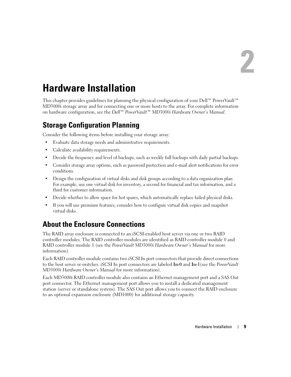 Hardware installation, Storage configuration planning, About the enclosure connections | Dell PowerVault 3000i User Manual | Page 9 / 68