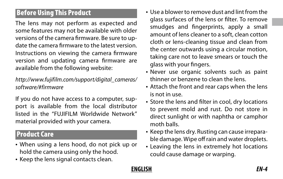 Before using this product, Product care | FujiFilm XC 35mm f/2 Lens User Manual | Page 11 / 120