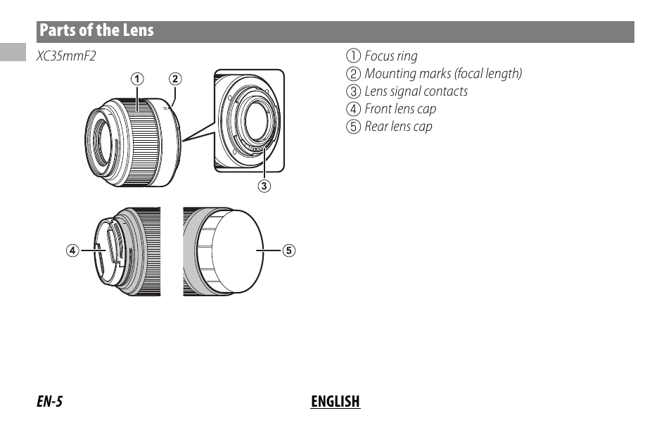 Parts of the lens | FujiFilm XC 35mm f/2 Lens User Manual | Page 12 / 120