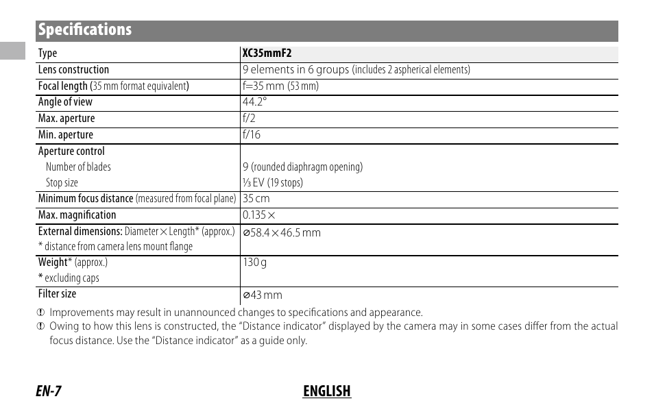 Specifi cations, En-7 english | FujiFilm XC 35mm f/2 Lens User Manual | Page 14 / 120