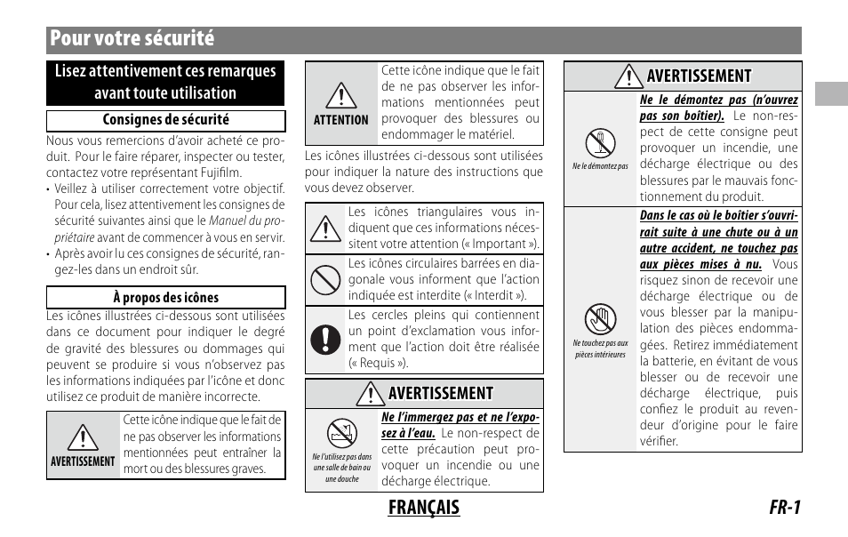 Pour votre sécurité, Fr-1 français, Avertissement | FujiFilm XC 35mm f/2 Lens User Manual | Page 15 / 120