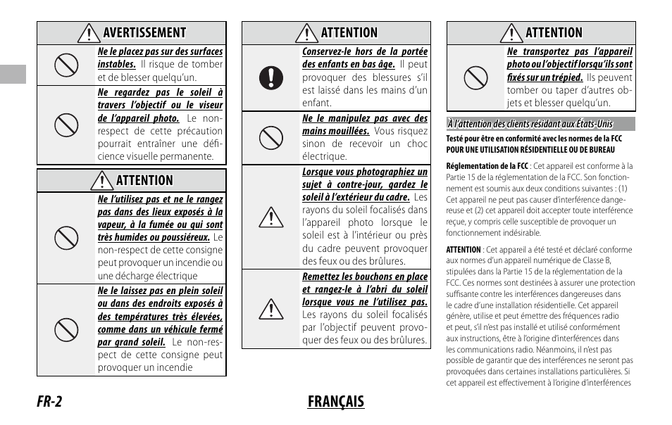 Fr-2 français, Avertissement, Attention | FujiFilm XC 35mm f/2 Lens User Manual | Page 16 / 120