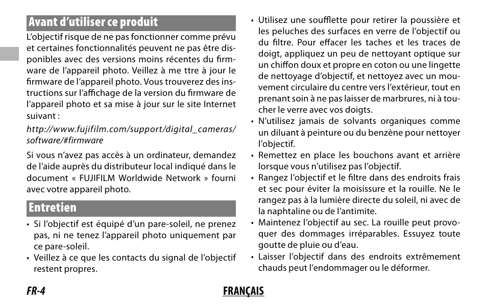 Avant d’utiliser ce produit, Entretien, Fr-4 français | FujiFilm XC 35mm f/2 Lens User Manual | Page 18 / 120