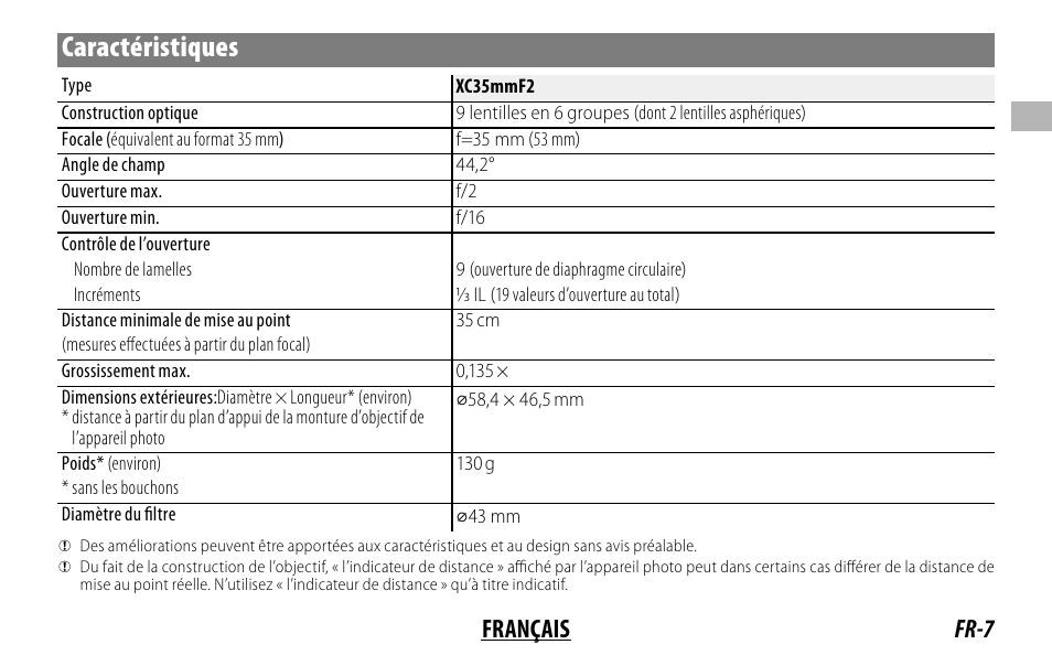 Caractéristiques, Fr-7 français | FujiFilm XC 35mm f/2 Lens User Manual | Page 21 / 120