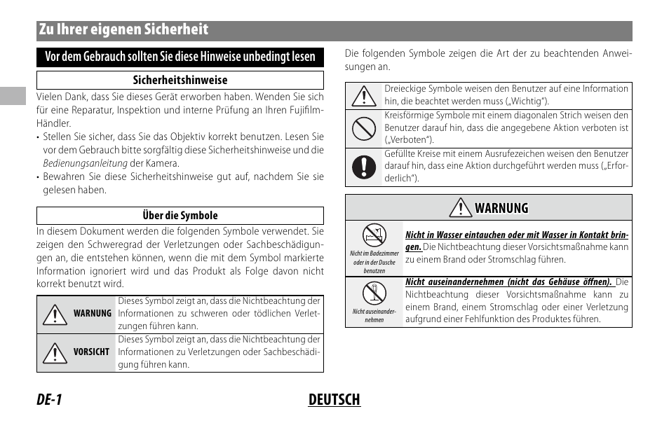 De-1 deutsch zu ihrer eigenen sicherheit, Warnung warnung | FujiFilm XC 35mm f/2 Lens User Manual | Page 22 / 120