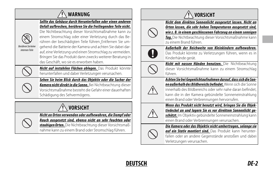 De-2 deutsch, Warnung warnung, Vorsicht vorsicht | FujiFilm XC 35mm f/2 Lens User Manual | Page 23 / 120