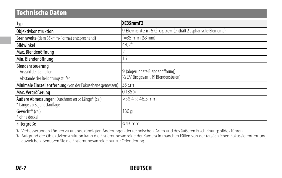 Technische daten, De-7 deutsch | FujiFilm XC 35mm f/2 Lens User Manual | Page 28 / 120