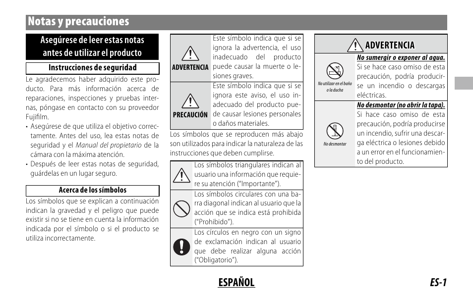 Notas y precauciones, Es-1 español, Advertencia advertencia | FujiFilm XC 35mm f/2 Lens User Manual | Page 29 / 120