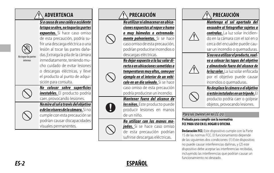 Es-2 español, Advertencia advertencia, Precaución precaución | FujiFilm XC 35mm f/2 Lens User Manual | Page 30 / 120