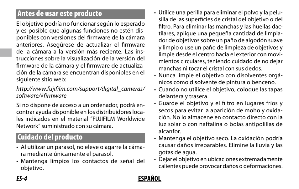 Antes de usar este producto, Cuidado del producto, Es-4 español | FujiFilm XC 35mm f/2 Lens User Manual | Page 32 / 120